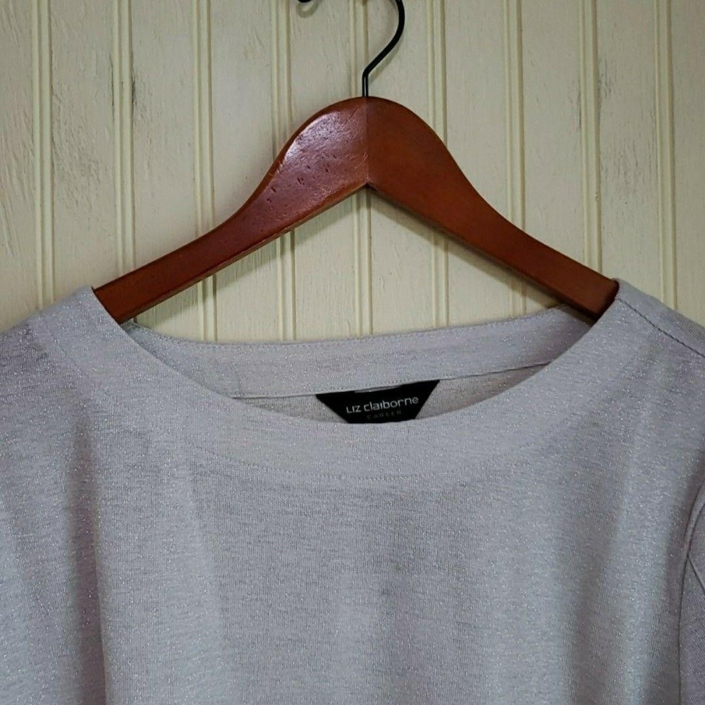 Liz Claiborne Sweater Womens XL White Scoop Neck 3/4 Sleeve Metallic Button Knit